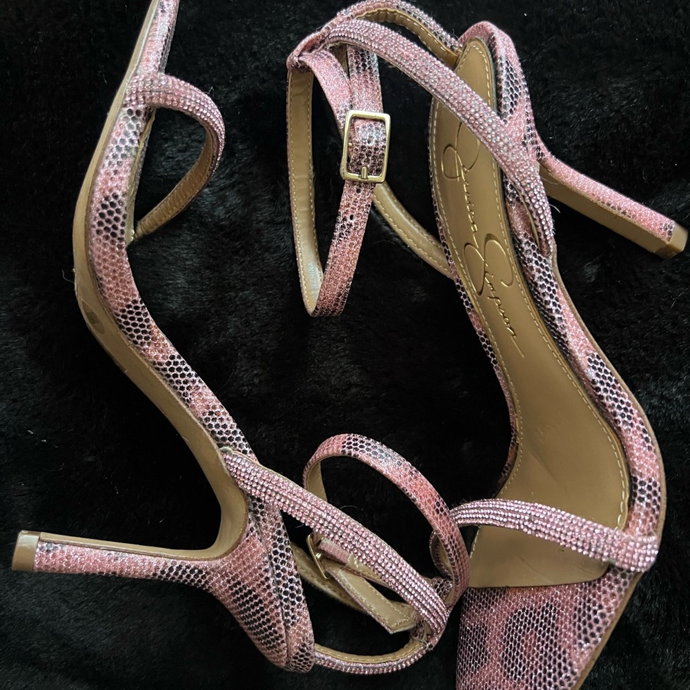 Jessica Simpson Pink Snakeskin Rhinestone Heels strappy sandals 6.5 37 blingy